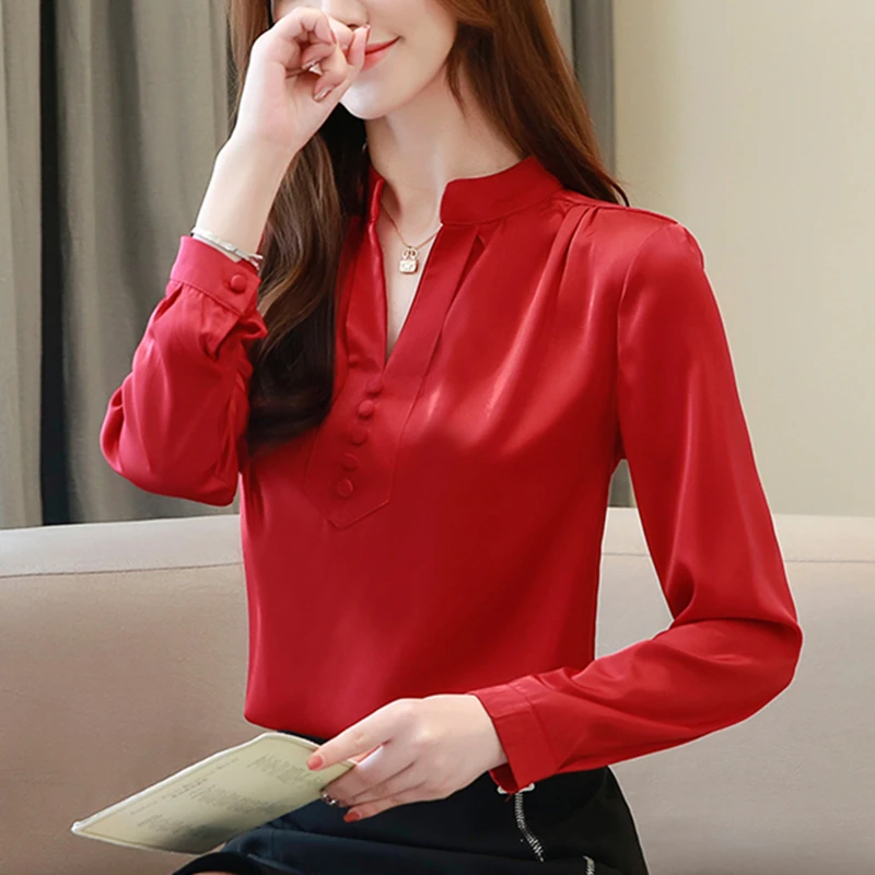 Модная Осенняя шелковая рубашка женские атласные блузки рубашки элегантные с
