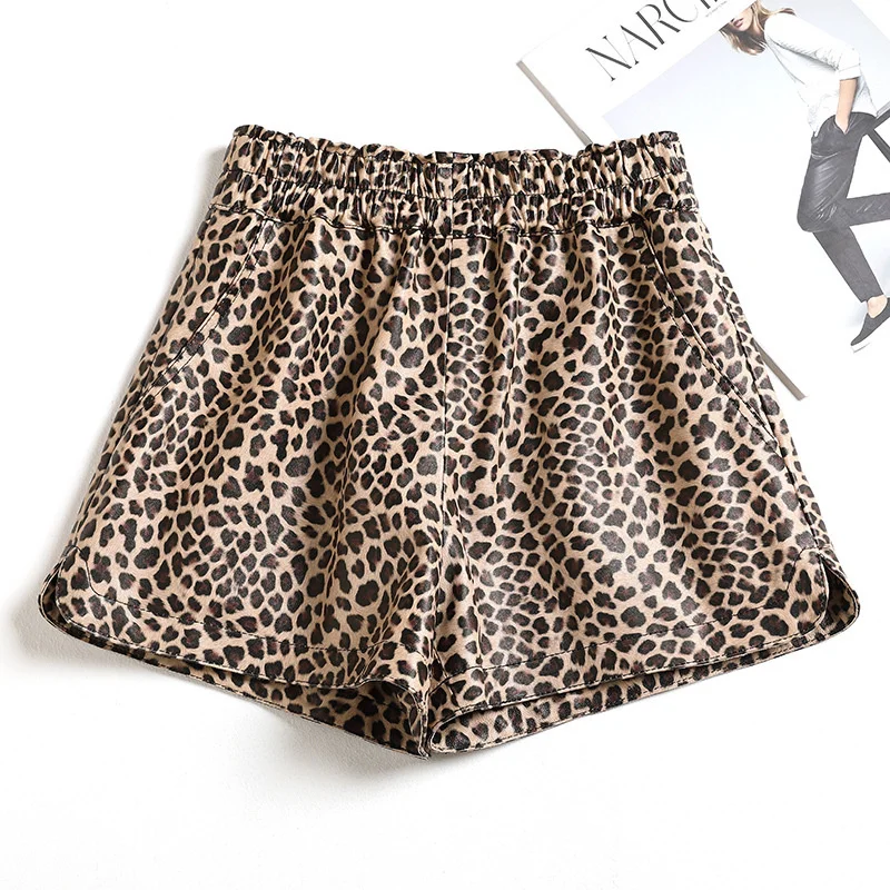 2022 New Genuine Leather Leopard Print Shorts Women Elastic Waist 100% Sheepskin Real Leather Shorts Lady Casual Feminino Mujer