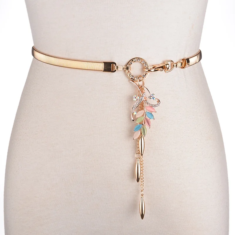 

2021 New Rhinestone Inlaid Leaf Pendant Thin Waist Chain Ladies Belt Elastic Casual Belt with Dress Pants Belts Wholesale