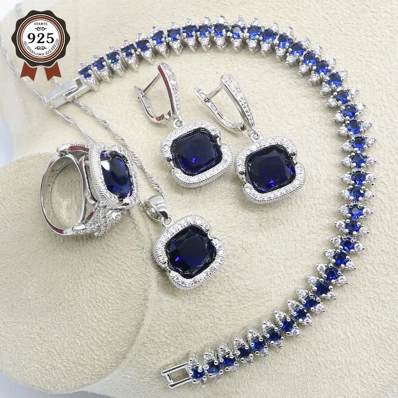Classic Blue Semi-precious Silver Color Bridal Jewelry Sets For Women Necklace Earrings Ring Pendant Bracelets Gift Box | Украшения и