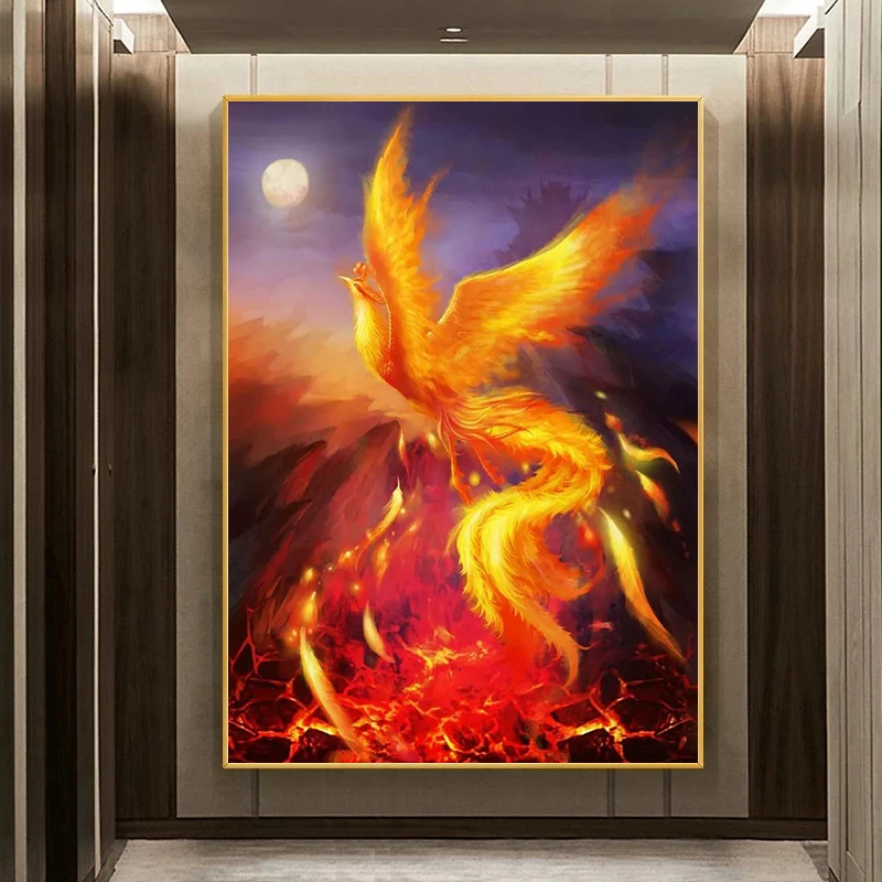 Плакат на холсте с изображением Луны красного желтого оранжевого Феникса огня