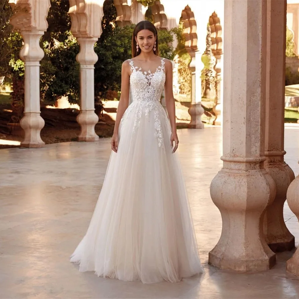 

Classic Lace Appliques Wedding Dress Elegant Scoop Neck Bride Dresses Court Train Backless Bridal Robes Vestido De Novia 2022
