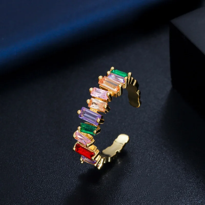 

2019 New Fashion Rainbow Series Color Ladder Square Zircon Open Ring
