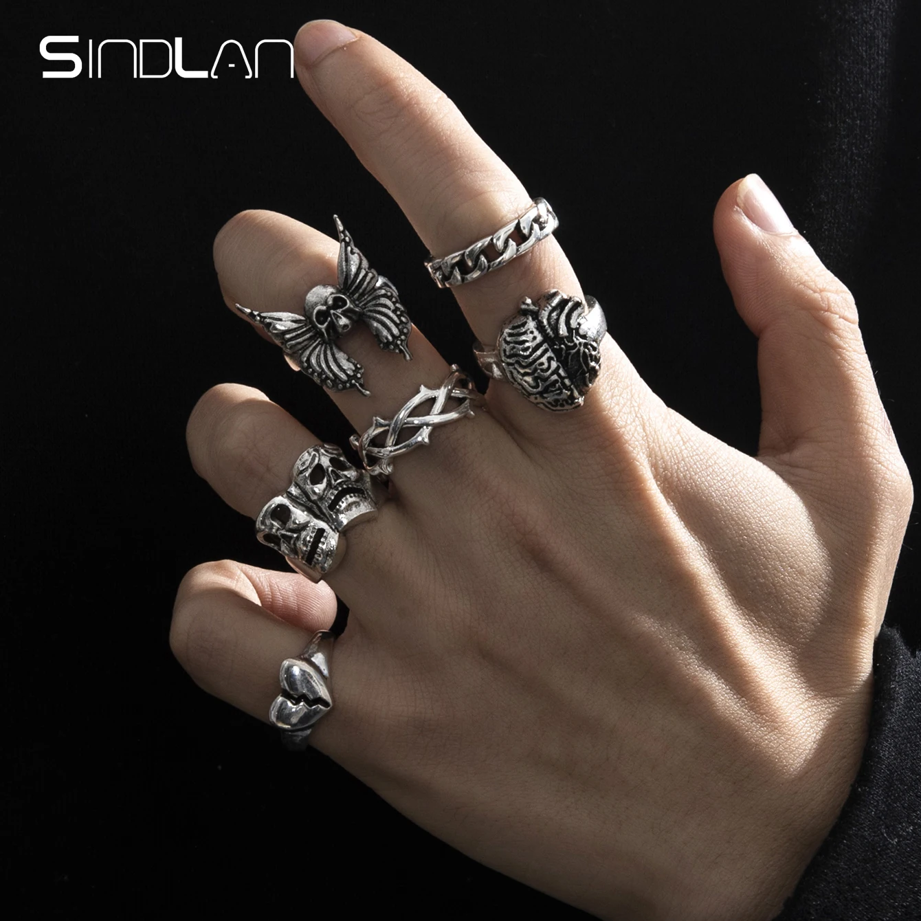 Sindlan 6Pcs Gothic Silver Color Skeleton Rings for Men Punk Grimace Heart Streetwear Set Couple Emo Fashion Jewelry Anillos