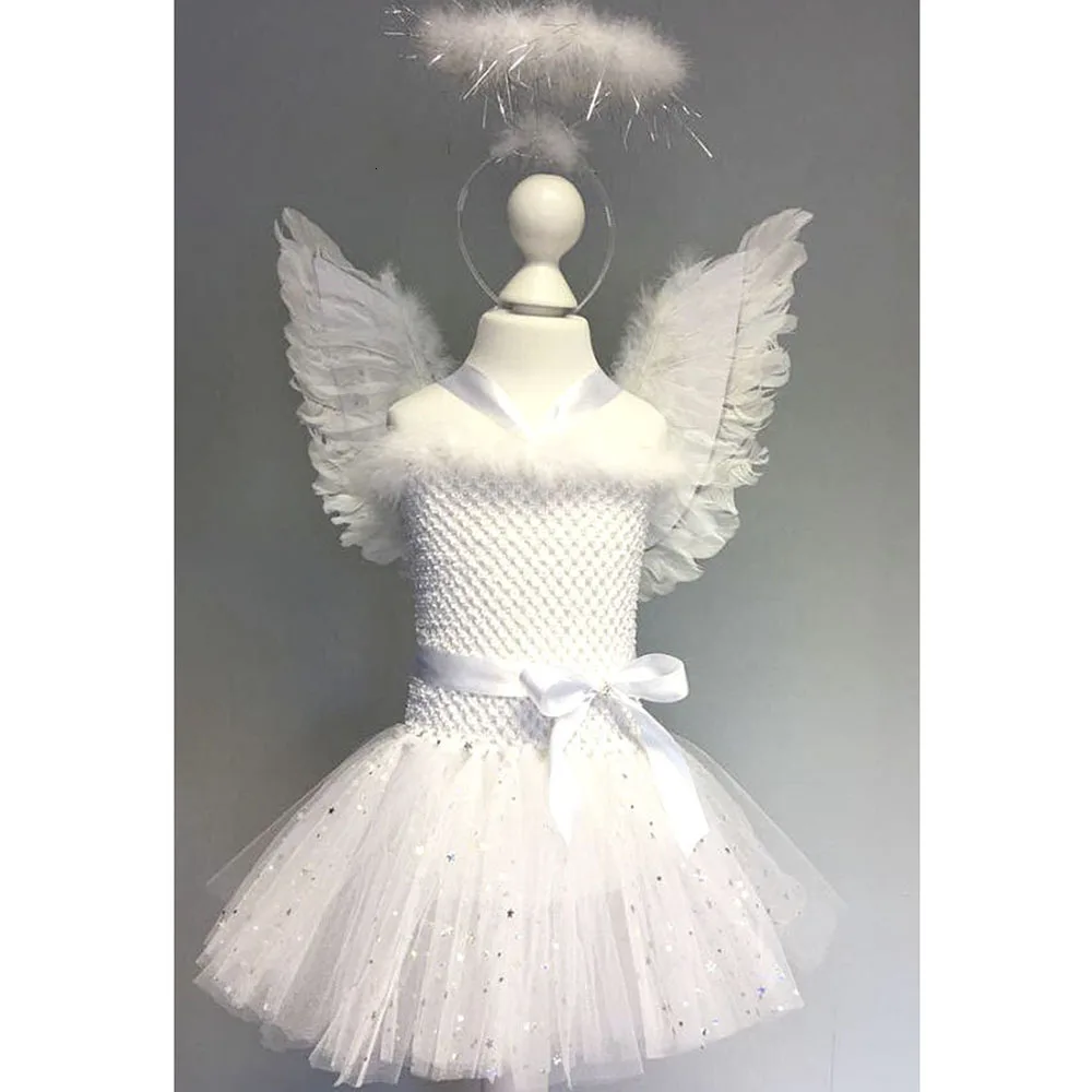 Белое блестящее платье пачка с перьями и Ангелом для девочек на день рождения