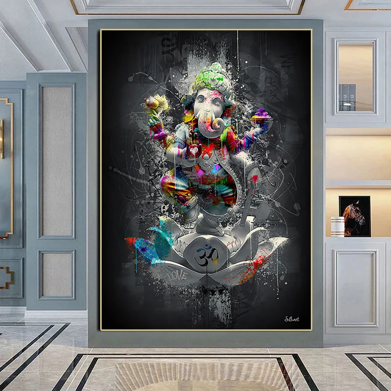 

Hindu Elephant God Graffiti Canvas Painting Wall Art Religion Ganesha Lotus Poster Print Wall Picture for Living Room Home Decor