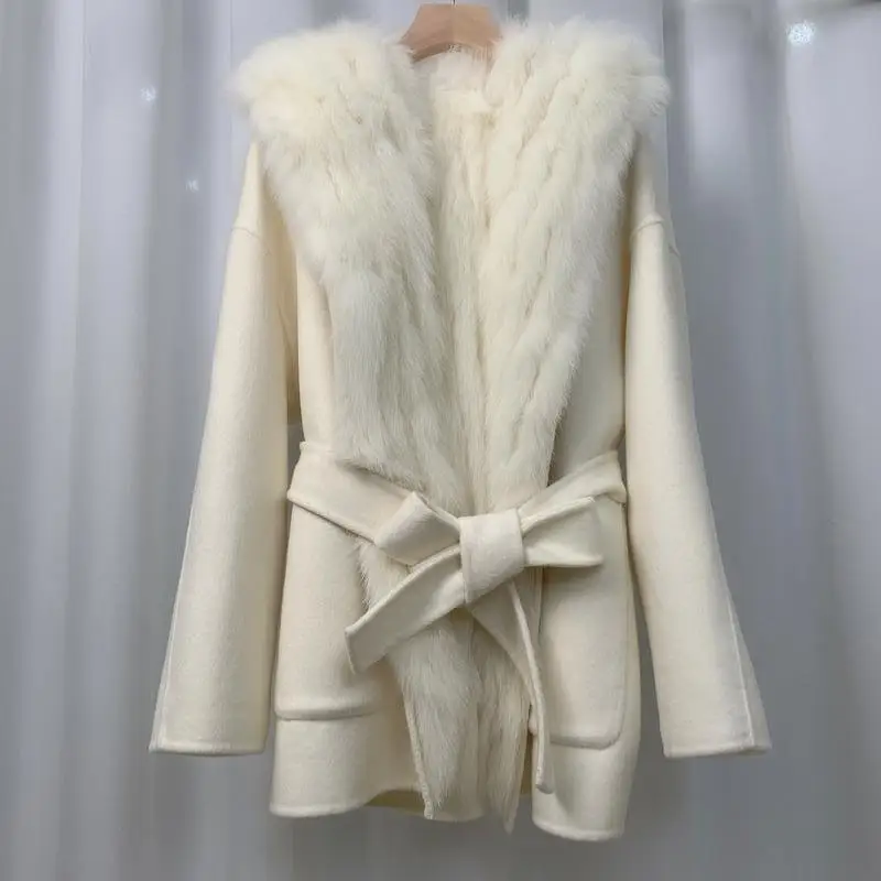 

New 2021 Ladies Korean Style Real Fox Fur Coats Genuine Leather Jackets With Fox Fur Collar D034.