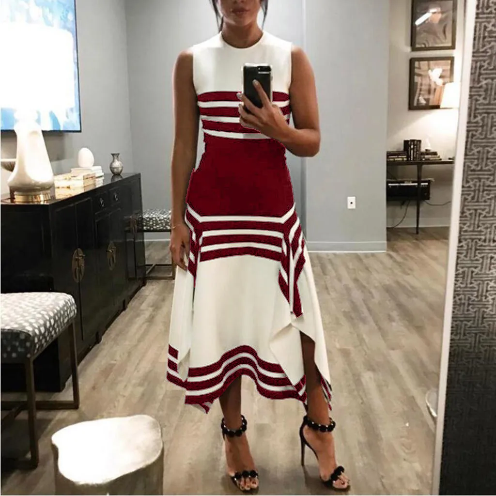 Elegant Striped Print Women Dress Side Split O-Neck Sleeveless Fitted Waist Casual Tank Summer Office Lady Plus Size | Женская одежда