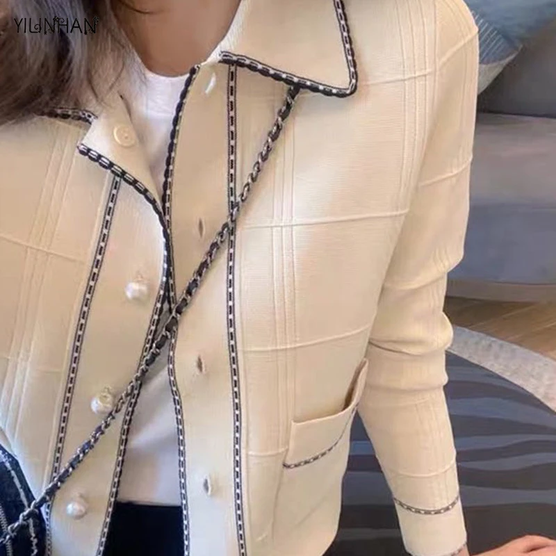 

YILINHAN Knitting Fleece Lapel Jacket Women Elegant Chic Pearl Buttons Korean Outerwear Office Lady Fashion Wild Coat