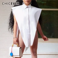 chicever streetwear shirt for women lapel collar sleeveless sexy party loose oversized white top shirts female 2021 fashion new