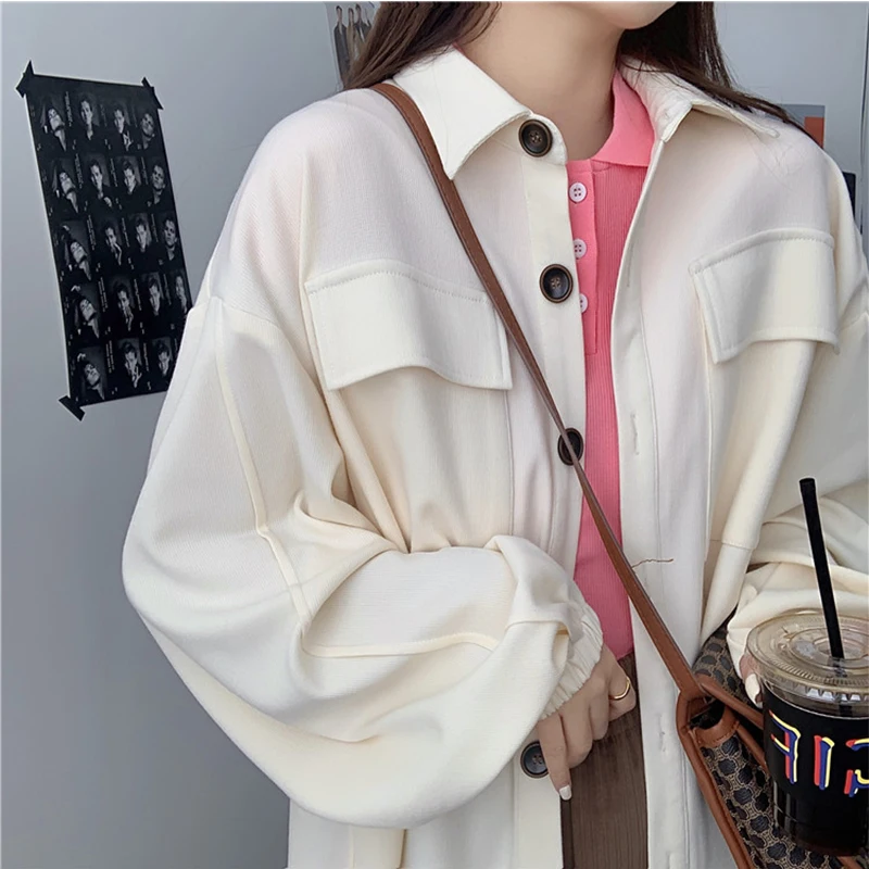 

FORYUNSHES Harajuku Woman Oversized Jacket 2021 Fashion Loose Vintage Long Sleeve Coat Comfort Casual Minimalist Outerwear New