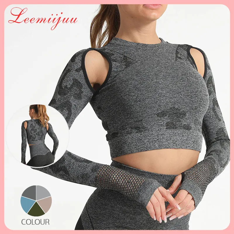 

LEEMIIJUU спортивный укороченный Топ с длинным рукавом для занятий йогой, Женская бесшовная футболка для фитнеса, женская спортивная футболка, ...