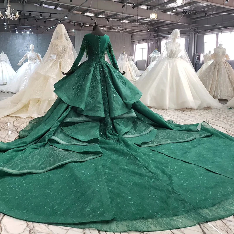 BGW 2020 Green Muslim Evening Dress Plus Size O-neck Long Sleep Green Ball Town Dress Party Evening Town Dubai Dress