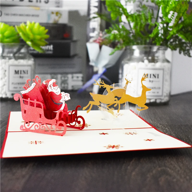 10 упаковок веселых рождественских открыток Санта олень сани всплывающие карты с