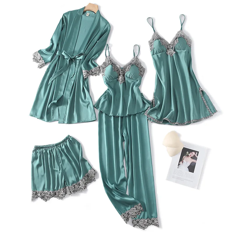 

Новинка 2021 пижамный комплект из 5 предметов одежда для сна шелковая женская ночная рубашка сексуальное атласное кимоно халат повседневное ...