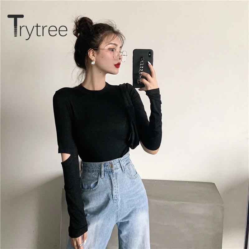 

Trytree 2020 Spring Women Casual T-shirt O-neck Solid 6 Color Fashion Slim fit Temperament All-Purpose Style T-shirt Tops