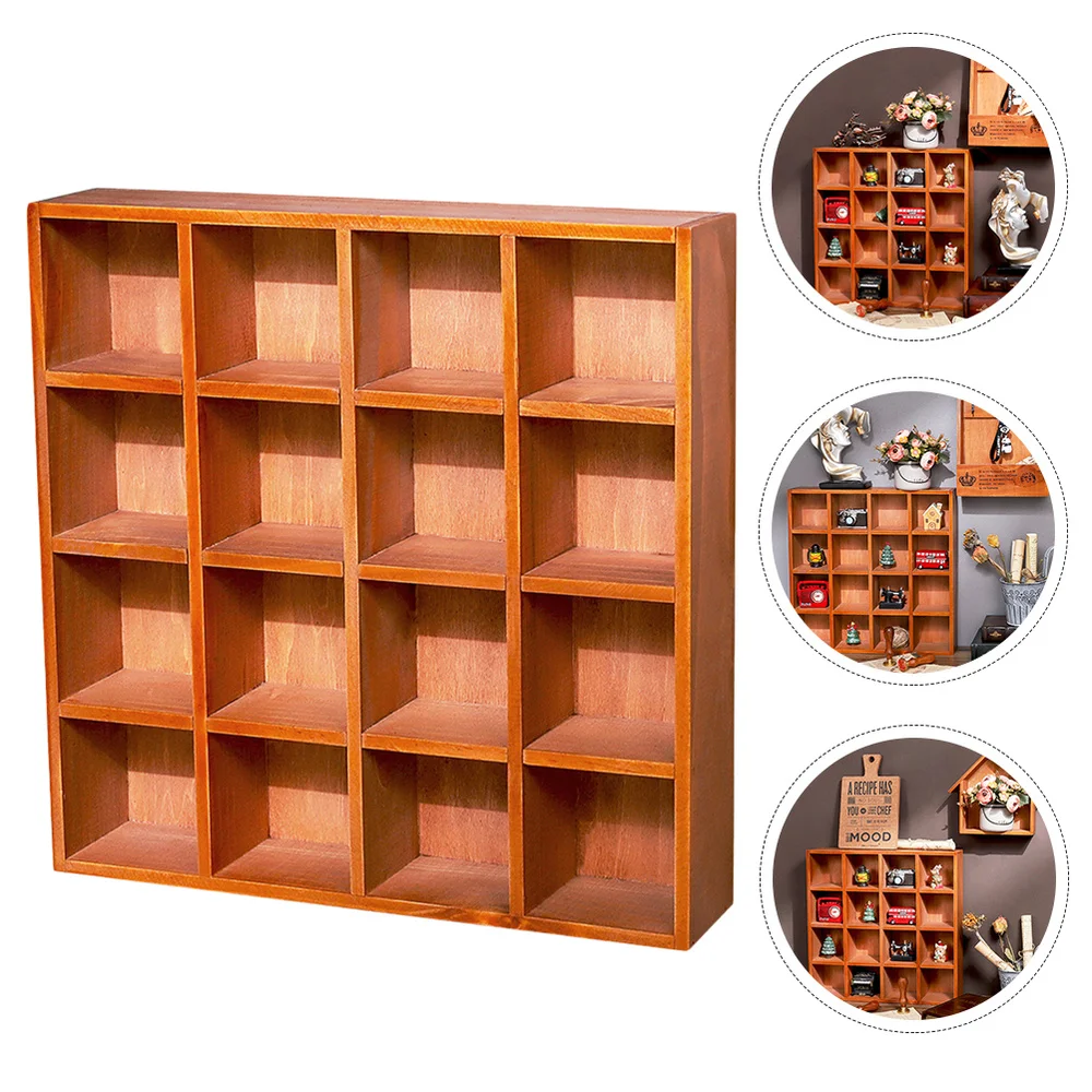 

16 Grids Vintage Wooden Desktop Cabinet Wall-Mounted Collection Display Shelves
