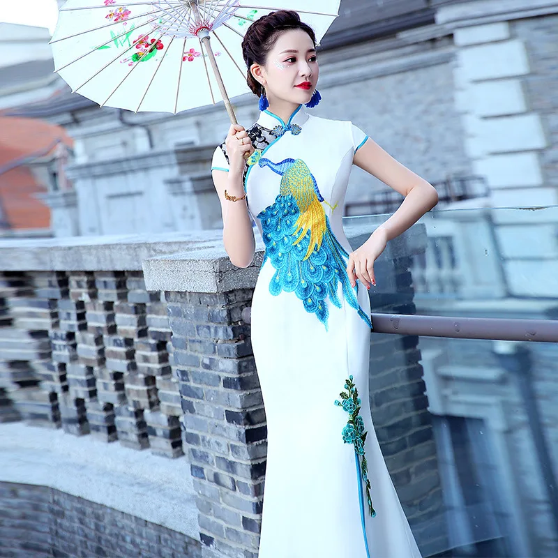 Белое модное платье для девочек длинное чонсам Восточный стиль женские