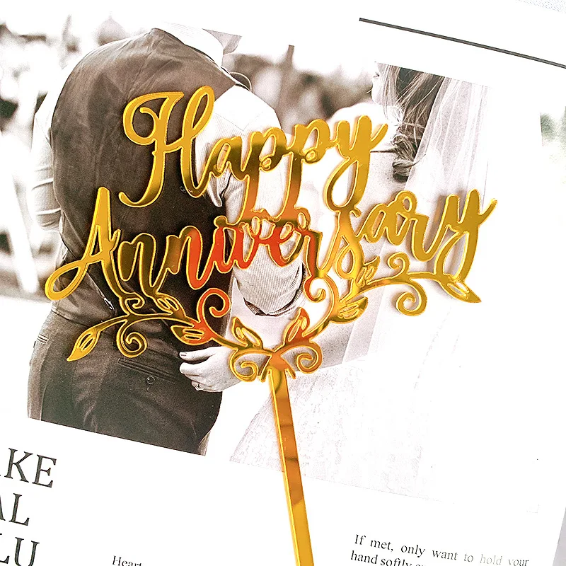 Розовое золото Топпер для торта на годовщину цветы зеркальные акриловые топперы