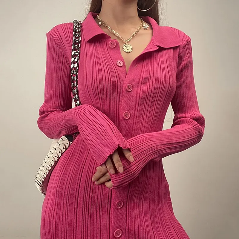 

Sexy Sweater Dress Women Polo Collar Long Sleeves Elastic Pencil Mini Dress Autumn Winter Button Bodycon Stripe Knitted Dresses