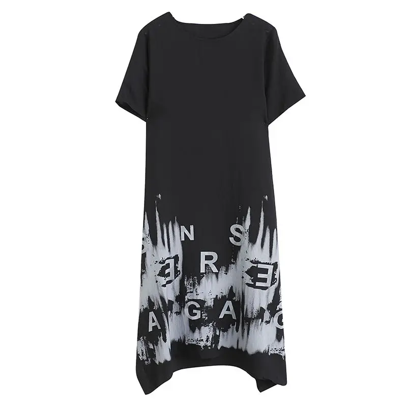 

2021 New Cotton Linen Women Dress Fashion Summer Vintage Print Letter Dress Casual Short Sleeve O-Neck Loose Dresses