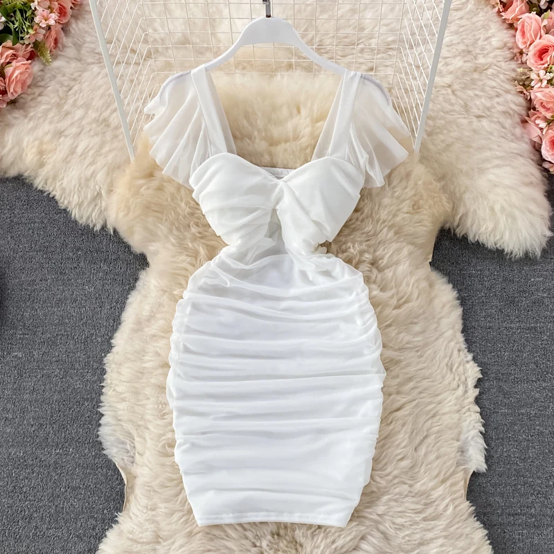 Соблазнительное однотонное женское платье-мини с коротким рукавом Сетчатое