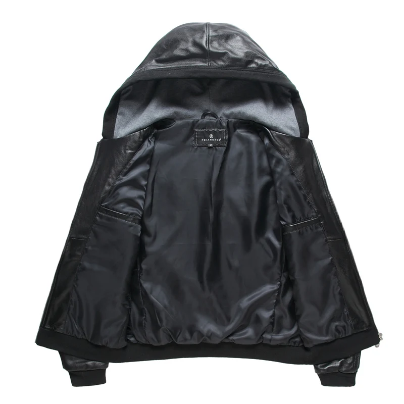 

Nice Shipping Leather Hooded Jacket Men Motorcycle Jacket HOOD Black Genuine Leather Jacket Men Biker Jacket Sheepskin Coats