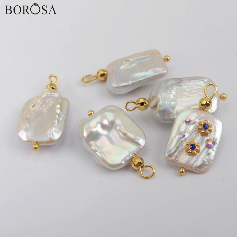 

BOROSA Fashion Baroque Pearl Geometric Natural Pearl Pendant Irregular Freshwater Pearl Bead With Multi CZ Charm Jewelry WX1276