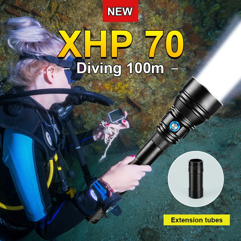 IP8 Powerful Diving Flashlight 18650 XHP70 Rechargeable Diving Torch High power Professional Underwater Hunting Led Lantern