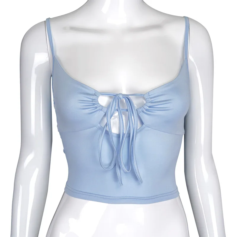 

Summer Slim Sling Vest V-Neck Hollow Out Sexy Halter Top with Pleated Tie Rope Backless High Street Fashion Crop Tops Sleeveless