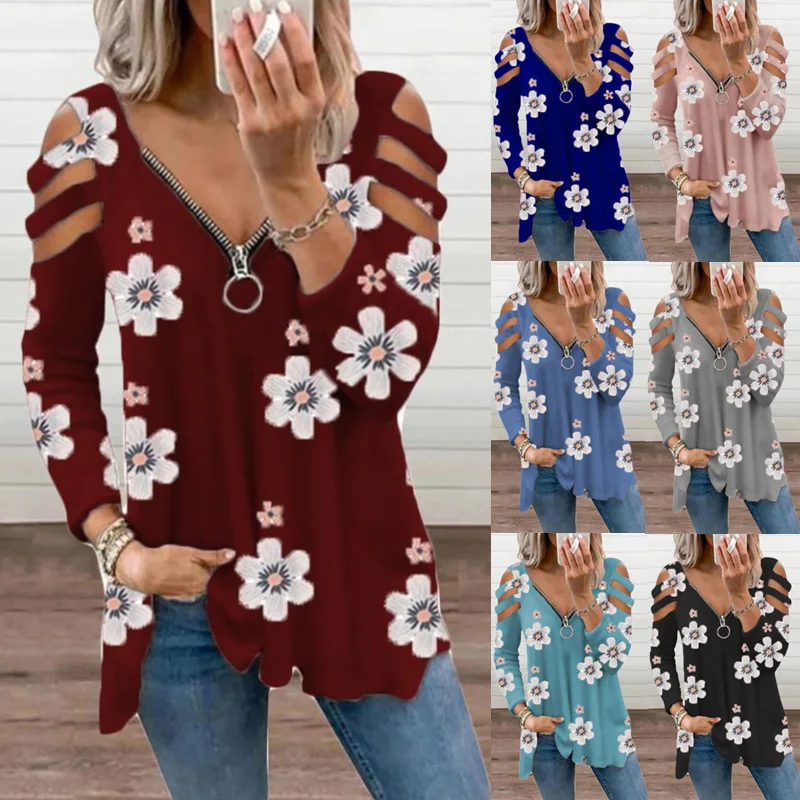 

Женский топ с длинным рукавом, V-образным вырезом и цветочным принтом