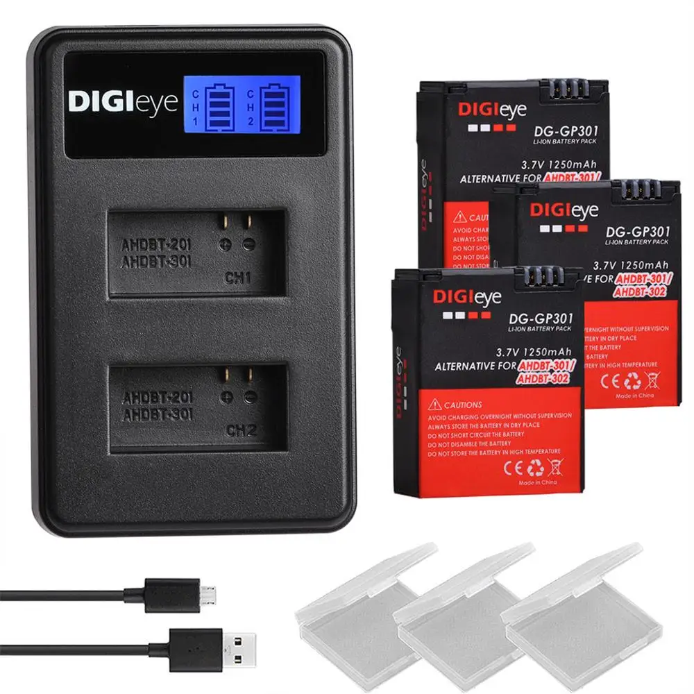 3 шт. 1250 мАч AHDBT 301 302 батареи для GoPro Hero + LCD Dual USB зарядное устройство камеры