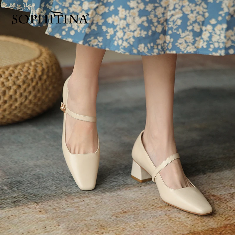 

SOPHITINA Pumps Women Flower Mary Janes Genuine Leather Female Shoes Thick Heel TPR Retro Office Job Elegant Lady Shoes SO993