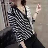 nkandby knitted sweaters women 2020 autumn winter novelty v neck striped button korean style pullovers oversize loose knitwear