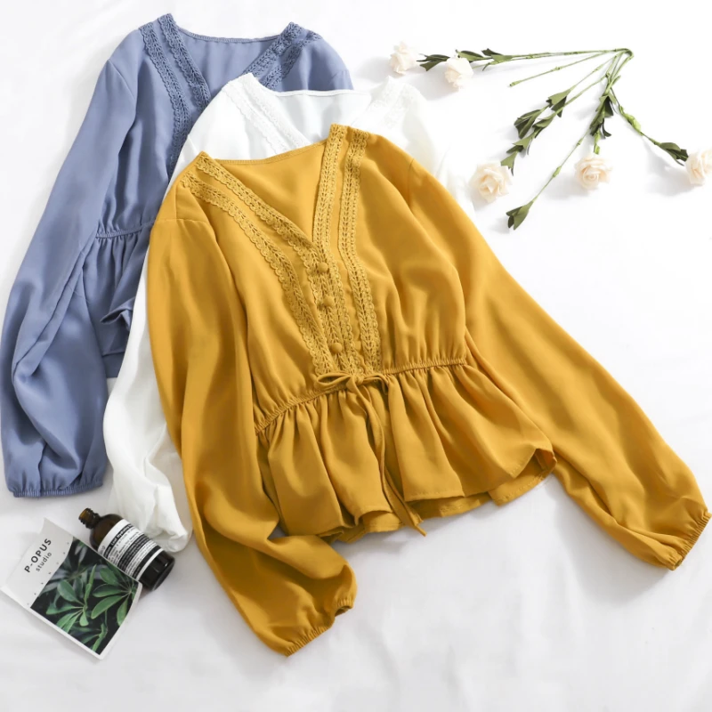 Женские осенние блузки рубашки топы 2019 кружевная шифоновая рубашка с v образным