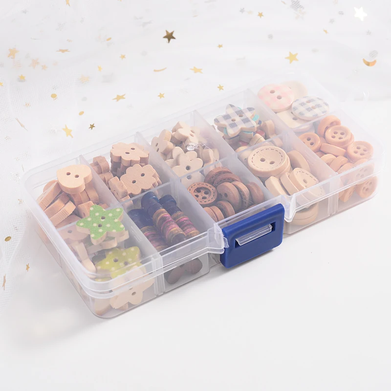 

Approx 160Pcs/Lot 2 Holes With Box Mixed Wooden Buttons For DIY Scrapbooking Kid's Garment Dolls Sewing Accessories