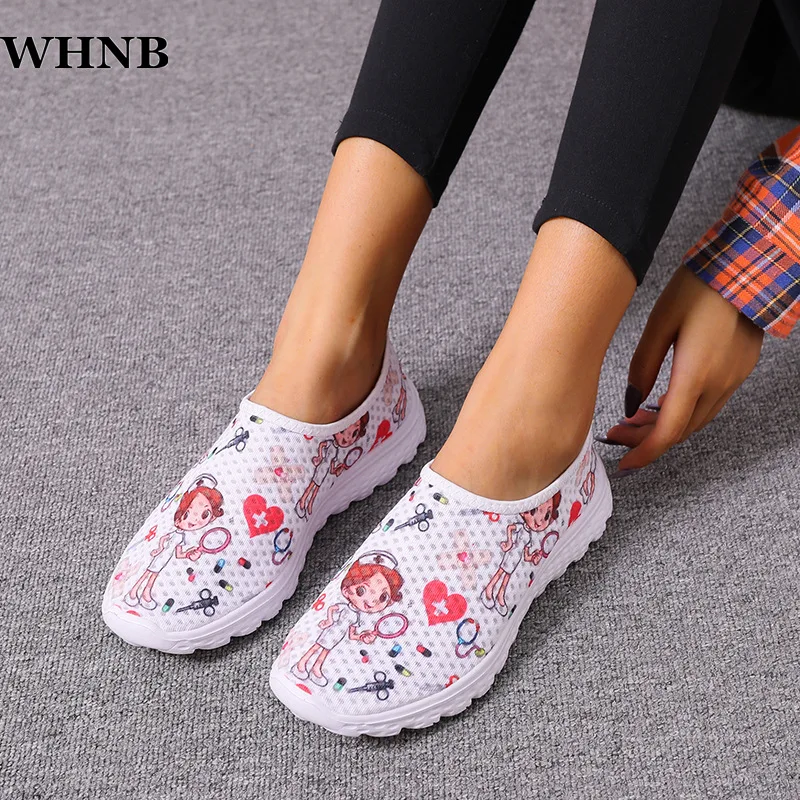 

2021 New Cartoon Nurse Doctor Print Women Sneakers Slip on Light Mesh Shoes Summer Breathable Flats Shoes Zapatos Planos Shoes