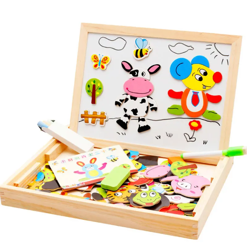 

New Kids Educational Learning Toy Wooden Magnetic Puzzle Toys for Children Jigsaw Animals/Circus Drawing Board with Gift Box