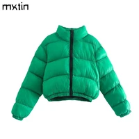 2021 women winter vintage green cropped cotton jackets coat fashion o neck long sleeve warm parkas female outerwear casual tops