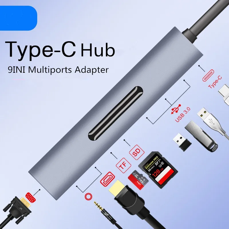 Тип C к Hdmi концентратор адаптер 4K Usb 3 1 Vga 60 Гц 5 мм аудио конвертер с Tf Sd карты слот 9