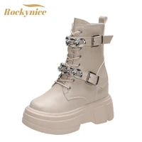 women ankle boots 2021 autumn leather high top chain sneakers 9cm high heels chunky platform punk boots winter thick sole boots