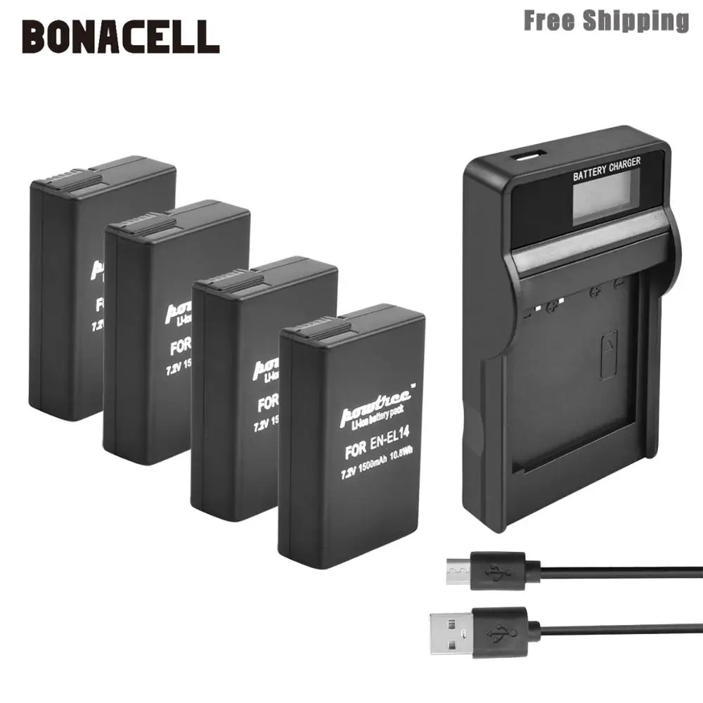 Bonacell 1500 мАч EN-EL14 EN-EL14a ENEL14 EL14 батарея+ ЖК-зарядное устройство для Nikon P7800, P7700, P7100, P7000, D5500, D5300, D5200, D3200 L50 - Цвет: 4XBattery LCDCharger