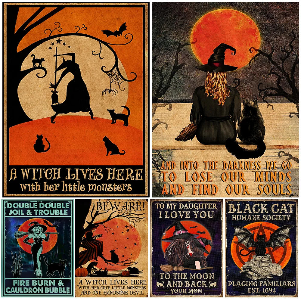 Черная кошка-ведьма из темноты живет здесь, Ретро декоративный постер и принты, черная кошка, общественное искусство стены