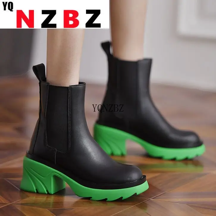 

Women Ankle Boots Mixed Color Bottom Boots Platform Slip On Ladies Shoes Retro Casual Females Rain Boots Fashion 2022 New