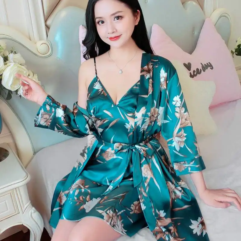 

Robe Set Satin Women Kimono Gown Print Crane Sleepwear Summer Intimate Lingerie Loose Bathrobe Soft Home Clothes Sexy Nightgown