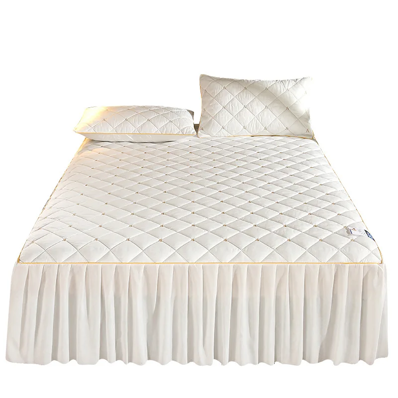 

New European Style Cotton Embroidered Quilted Padded Bed Skirt Bedspread Simmons Mattress Non-Slip Protective Cover Bed Cover