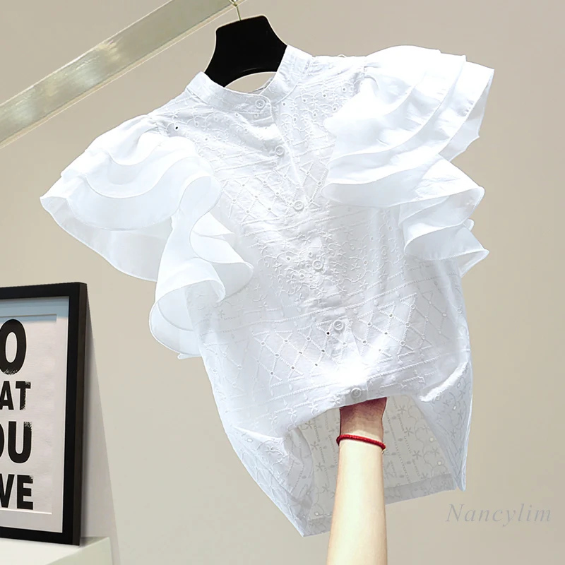 Creux Brodé Chemise En Coton et Lin Femme 2021 Style Coréen d'été Minceur À Volants Manches Volantes Décontracté Haut De Dame Blusas