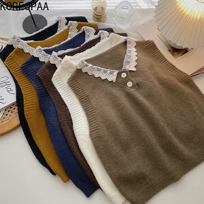 

Korejpaa Chic Lace V-neck Sweater Vests Women Autumn Casual 2021 New Sleeveless Solid Color Knitted Waistcoat Outwear Tops