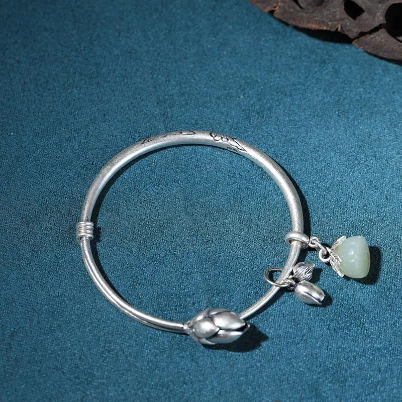 

Original S925 Silver Bracelet Female Hetian Jade Lotus Flower Lotus Seedpod Handmade Retro Style Solid Push Pull Bracelet Female