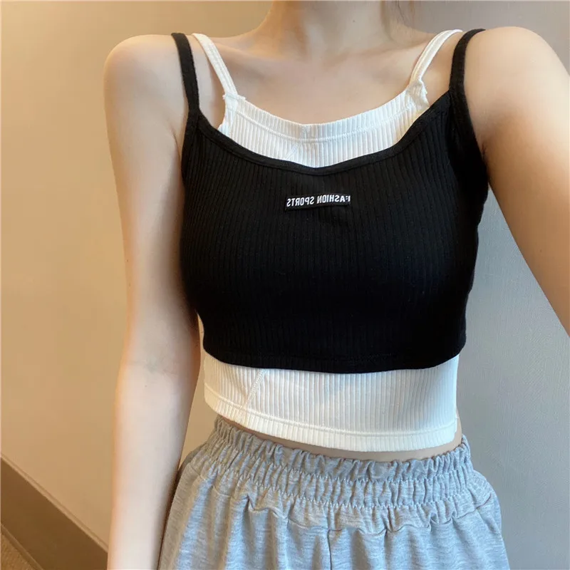 

Sports Style Fake Two-Piece Inner Knitted Vest Women's Summer Design Sense Niche Outdoor Wear Small Slip Top Ins Super Hot